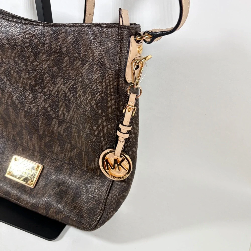 Michael Kors Jet Set Travel Large Messenger Bag Brown Monogram Gold Charm